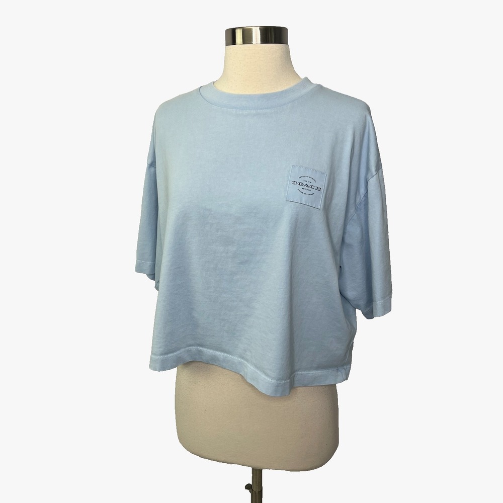 COACH Garment Dyed Cropped Pocket Tee Sz Large Blue Short Sleeve Shirt Boxy Fit